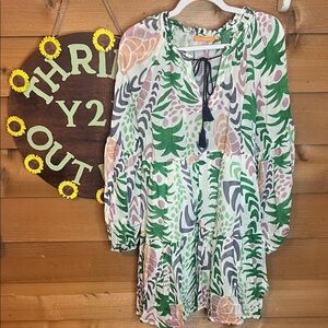 Oliphant Boutique Bubble Sleeve Tiered Midi Dress Tassel Cotton Silk Flowy M/L